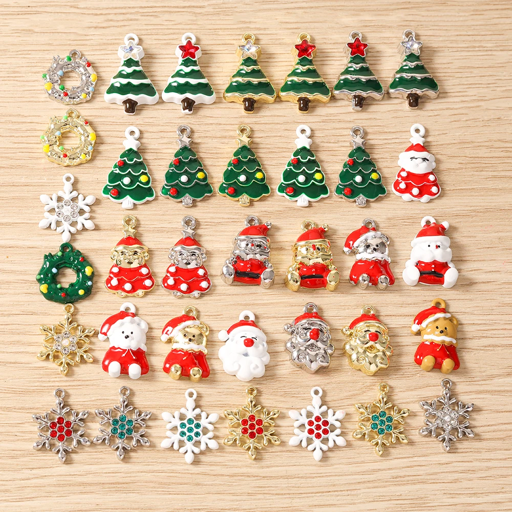 Tusember 5 Stück Emaille-Weihnachtsanhänger mit Weihnachtsmann, Schneeflocke und Schneemann für Weihnachtshalsketten, Ohrringe, Armbänder und Bastelarbeiten – Detail 1