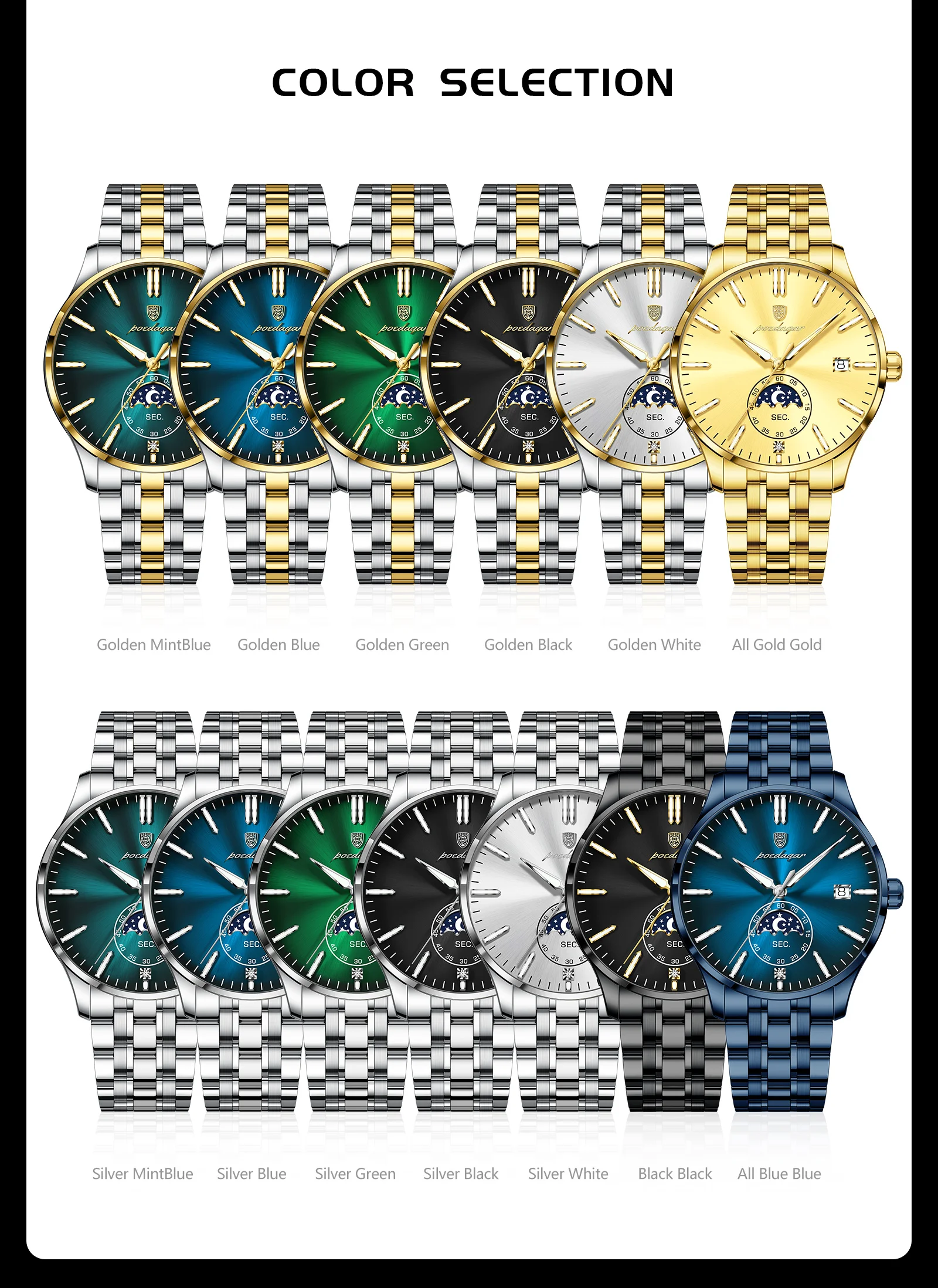 POEDAGAR Top-Luxus-Herrenuhr, Casual Edelstahl Quarz Herren-Armbanduhr, Wasserdicht, Leuchtend, mit Datum, Modische Herrenuhren Reloj – Detail 8