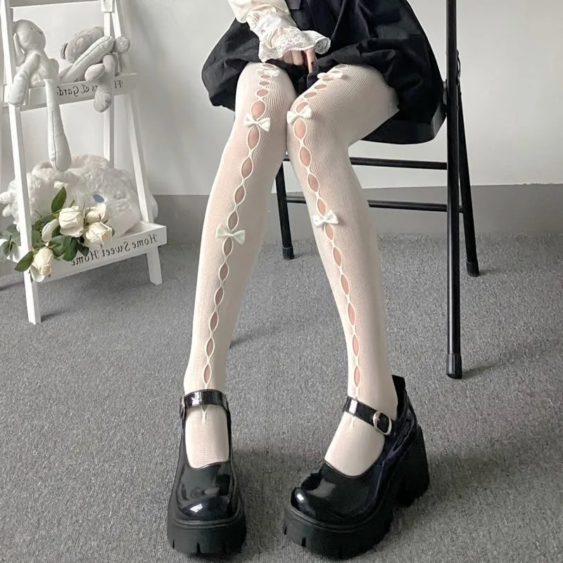 Sommerliche dünne Lolita Cosplay Mädchen Strumpfhose mit Schleife und Aushöhlungen, japanischer süßer Kawaii JK-Stil, sexy Netzstrümpfe, hohe Socken