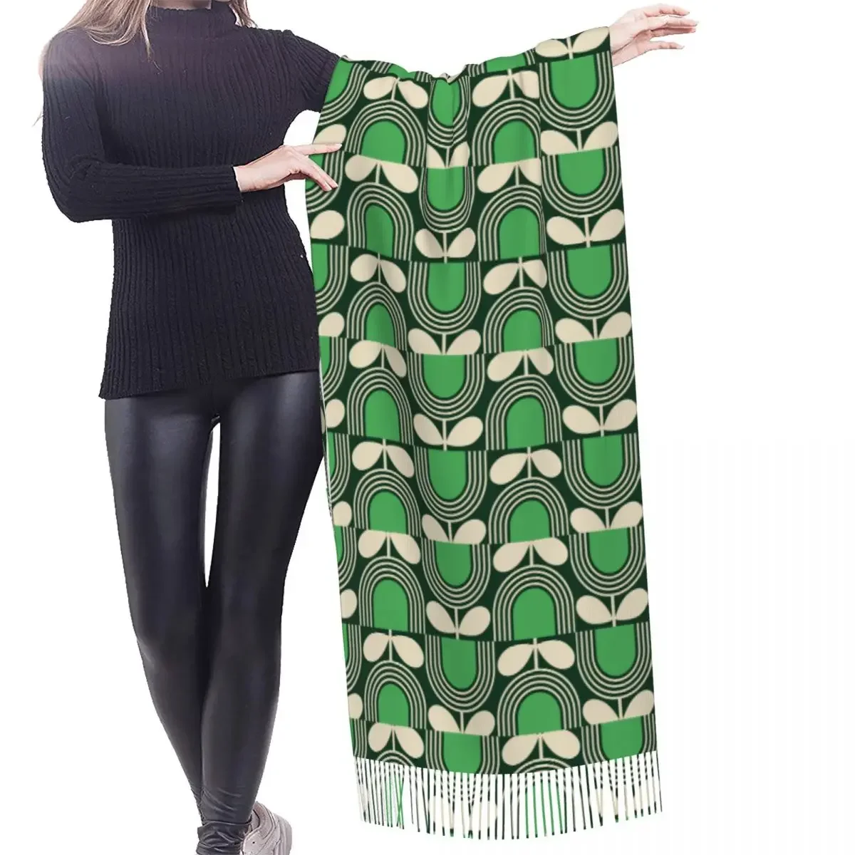 Custom Female Long Green Block Flower Fashion Versatile Scarves Women Winter Soft Warm Tassel Shawl Wraps Orla Kiely Scarf