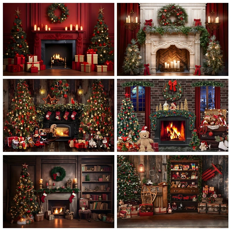 Christmas Fireplace Photography Backdrops Xmas Tree Window Christmas Eve Background Family Party Decor Banner Photobooth Props