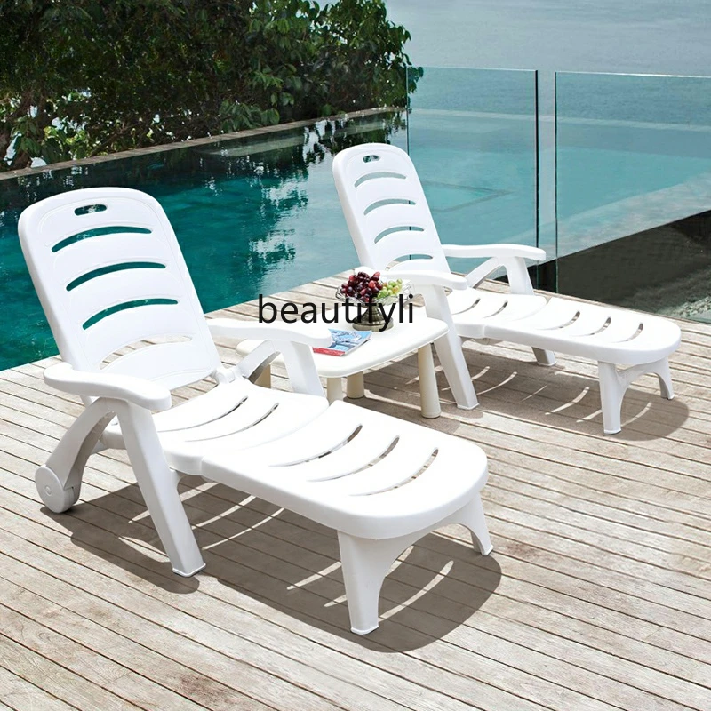 Beach Chair Folding Lying Chair Plastic Lying Bed Swimming Pool Leisure Outdoor Armchair