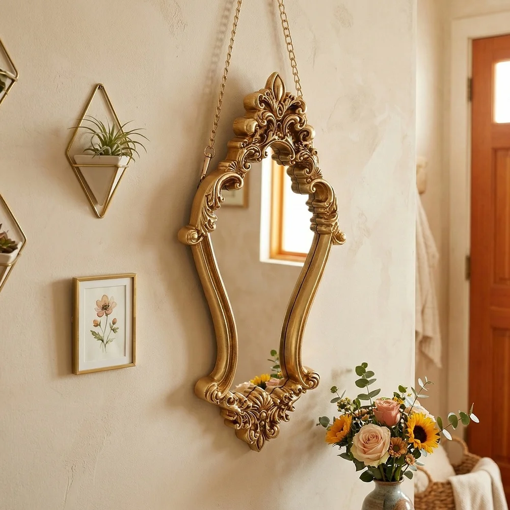 Baroque Wall Mirror Antique Floral Resin Frame Golden Vintage Luxury Decor For Living Room Bedroom Bathroom Home Decoration