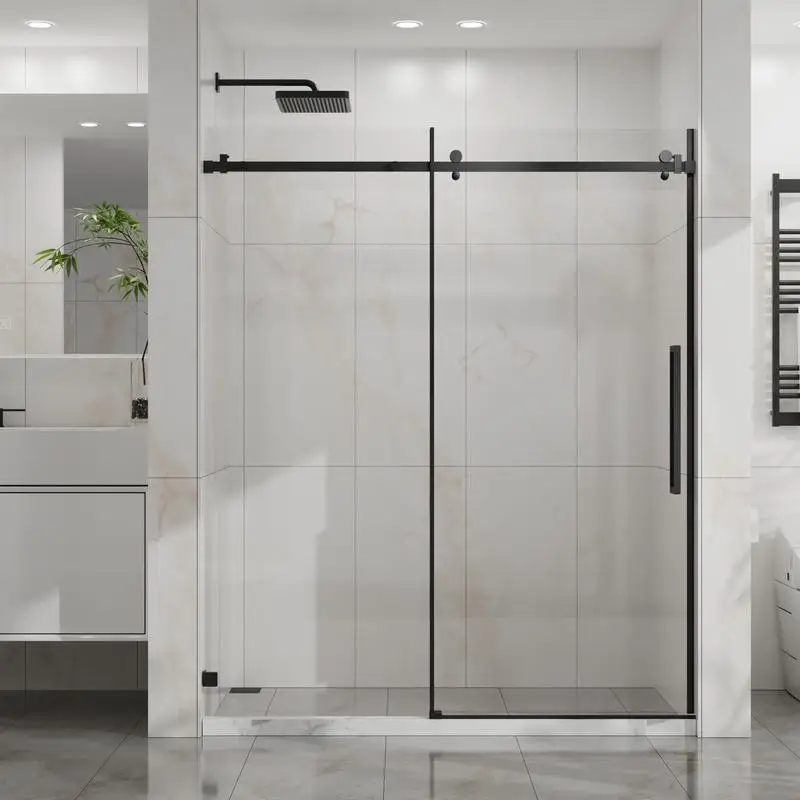 

60" W x 72" H Sliding Shower Door, Frameless Clear Glass, 1/4" Thick Tempered Glass with Easy-Clean Coating, SS Hardware, Matte
