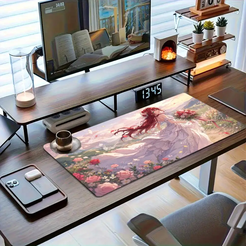 Healing wedding anime girl prints natural rubber anti slip base extra long for office and game mouse pad