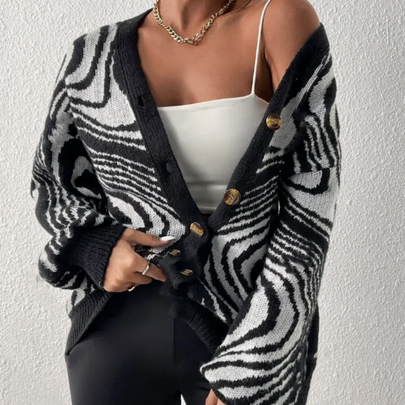 الخريف والشتاء زيبرا المشارب المألوف فضفاض الكتف قطرة شخصية سترة الخامس الرقبة أعلى الملابس النسائية