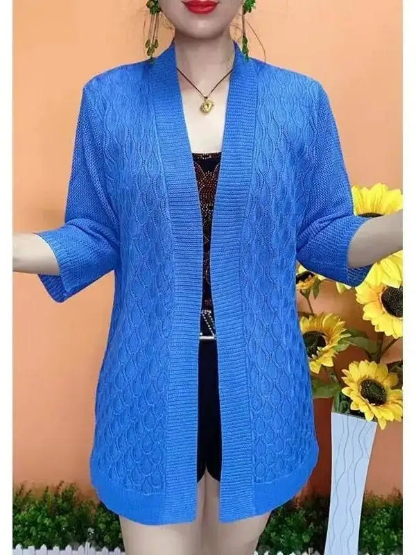 Chic Ice Silk V-Neck Shoulder Wrap Outerwear Pure Color Versatile Summer Trend Korean Style Knitted Cardigan Fashionable Top
