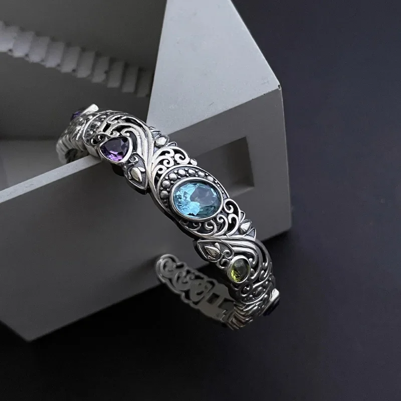 

New 925 Sterling Silver Treasure Blue Purple Stone Bracelet Bangle For Woman Girl Fashion Jewelry Gift Dropship Wholesale