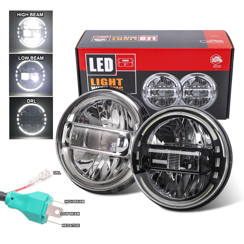 Hot selling：Car Accessories 2022 Thar King Kong 120W 7'' LED Lamp Angle Eyes Halo Ring DRL Round 7 Inch LED 7inch Headlights for