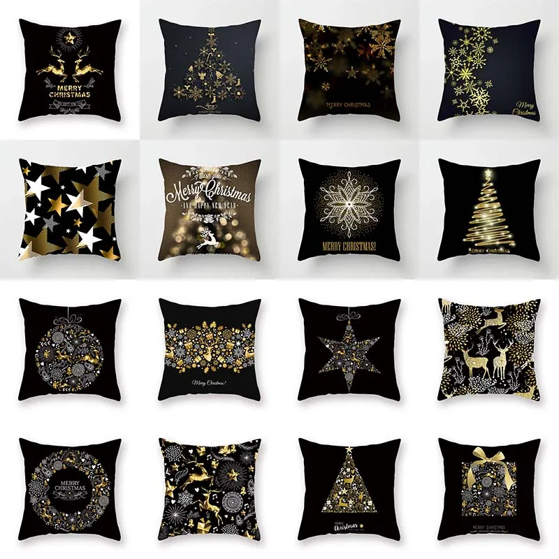 Christmas decoration cushion cover black gold elk print pillowcase sofa ornaments bedroom room home  holiday gift