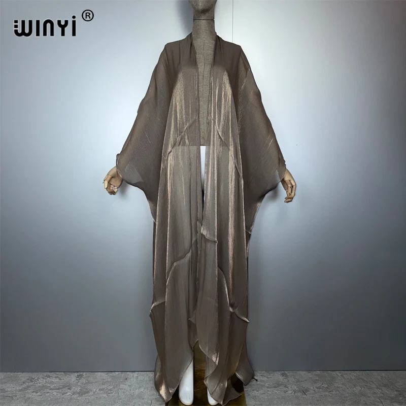 

WINYI silk feel Pearlescent cardigan Middle East abaya dubai luxury holiday party dress muslim woman fashion open front Caftan