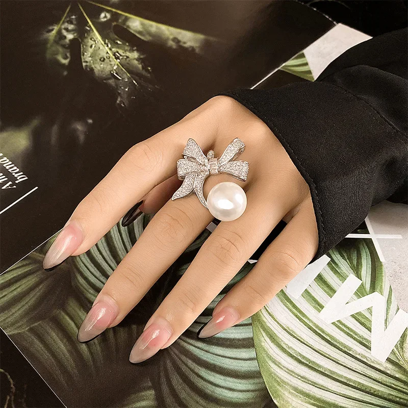 New high-end jewelry new style 18K gold plated pearl retro bow ring women's 12mm gemstone jewelry