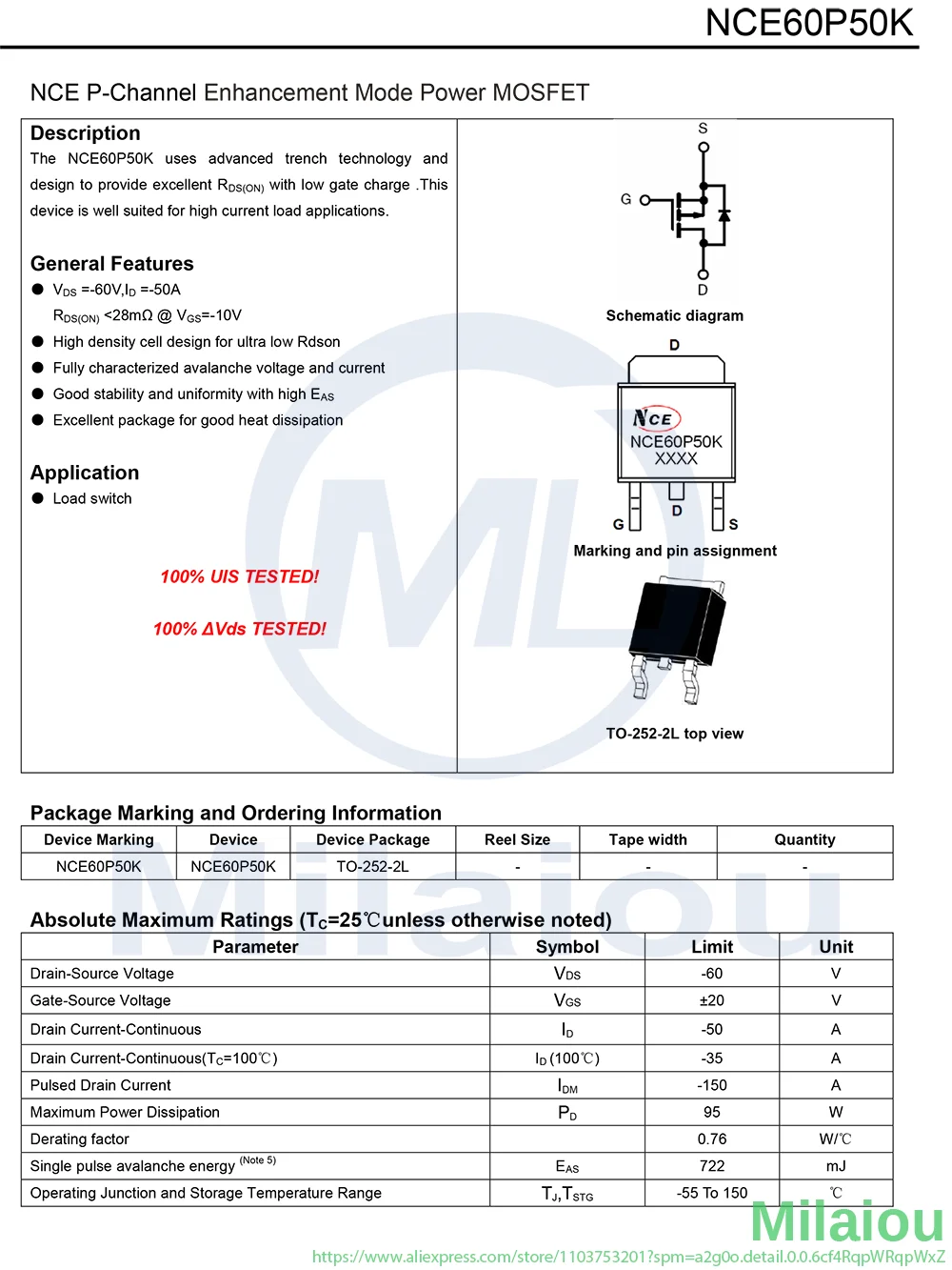 NCE60P50K MOSFET Transistor  60V/50A TO-252 (DPAK) Package P-channel
