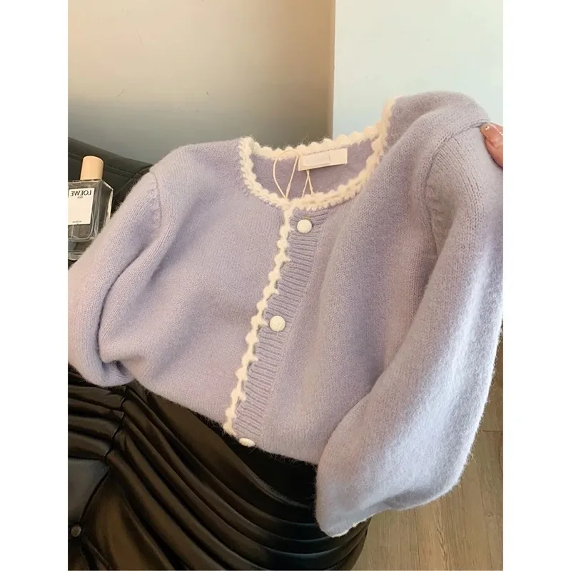 

Women's purple lace collar high-end knitted cardigan sweater for autumn and winter 2025, new Y2K long sleeved top jacket