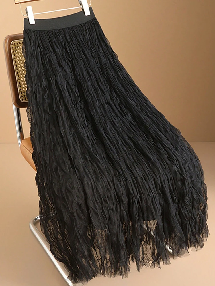 スタイリッシュな A ラインプリーツスカート女性のための高弾性ウエストソリッドブラック夏薄いロングスカート女性服女性のスカート