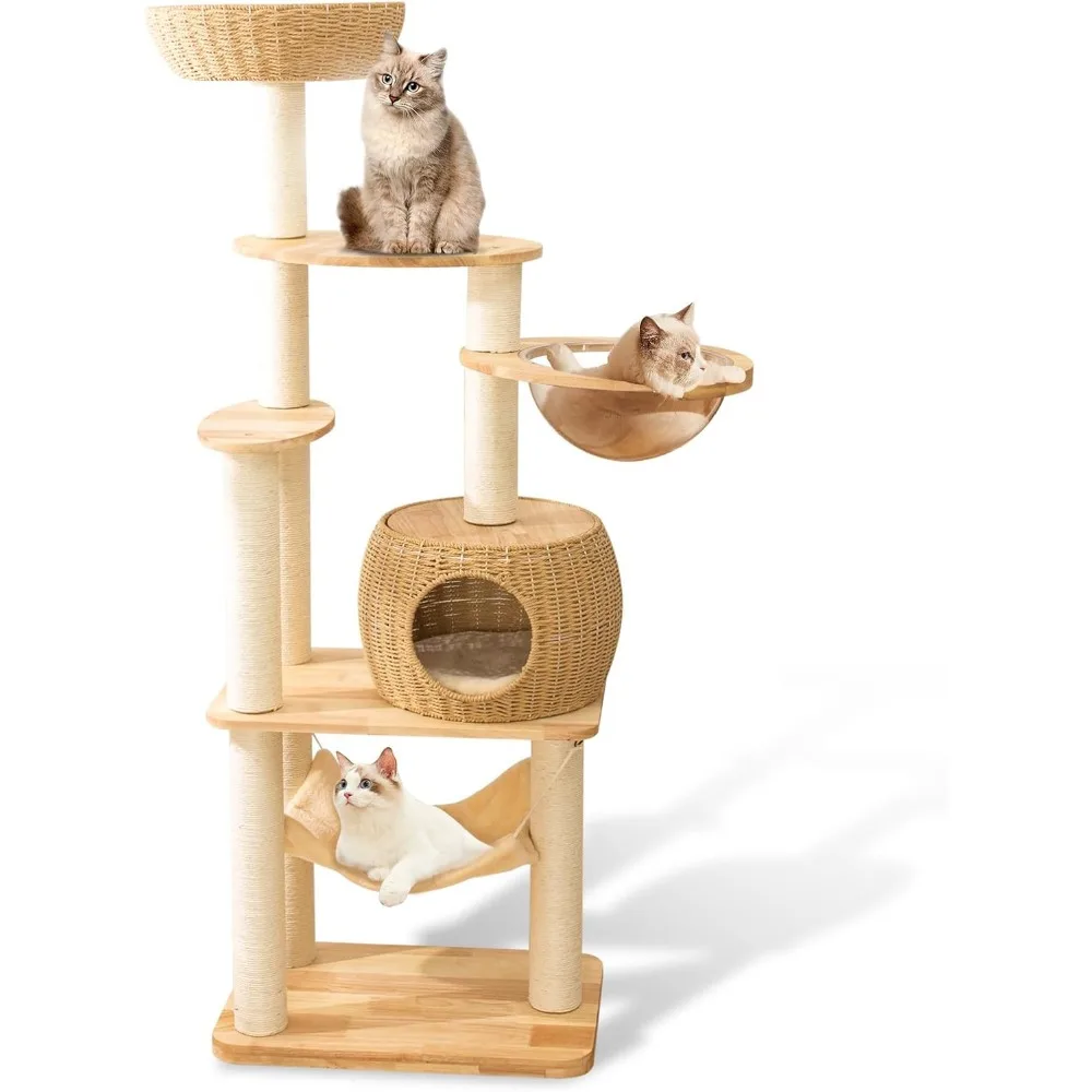 

59" Big Modern Cat Tree Tower, Cat Tower Sisal-Covered Scratching Posts for Indoor Cats, Oak Wood Cat Tree for Large Cats