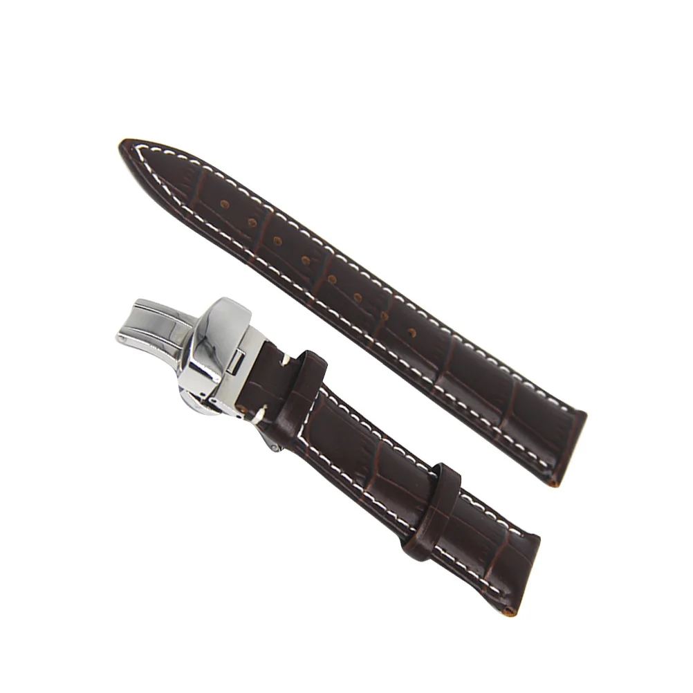 

18Mm Genuine Cowhide Watch Band Premium Strap For Men Dark Brown With White Line Stylish Durable Seamless