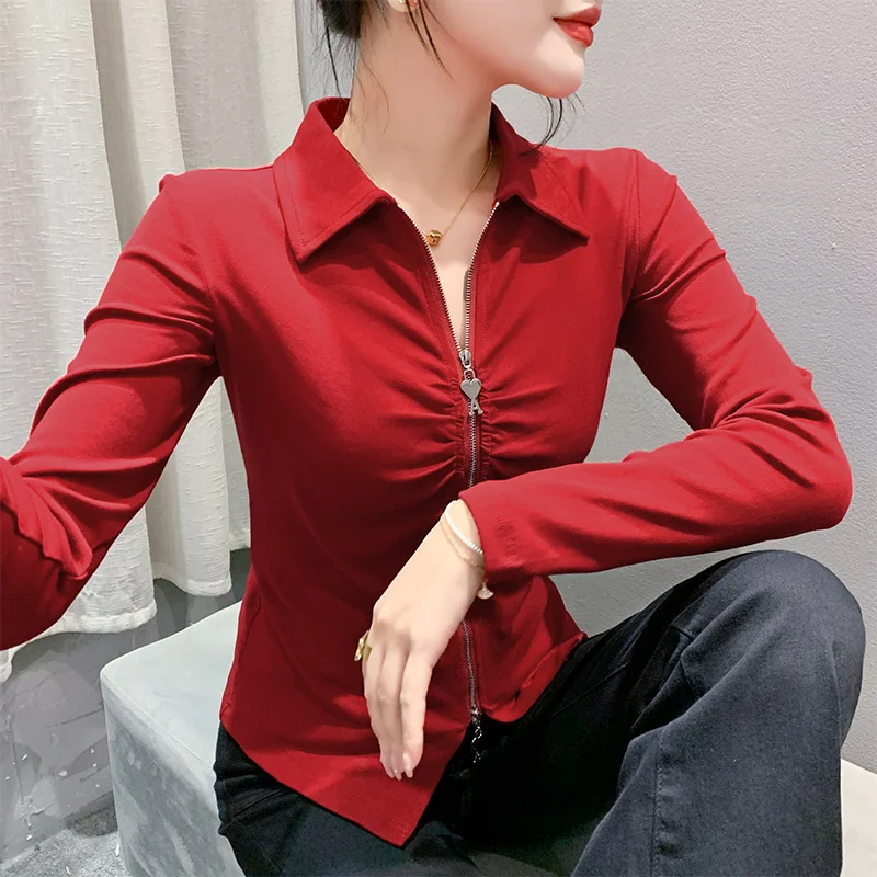 #8731 Black Red Green Office T Shirt Women Turn-down Collar Zipper Short T Shirt Female Folds Sexy Skinny Women\'s T-shirt Slim