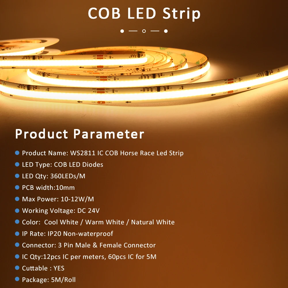 Tira de luces LED WS2811 IC COB para carrera de caballos, 24V, 360LEDs/M, blanco cálido, 5M, 10M, 15M, 20M, cinta LED de agua corriente para decoración de habitación