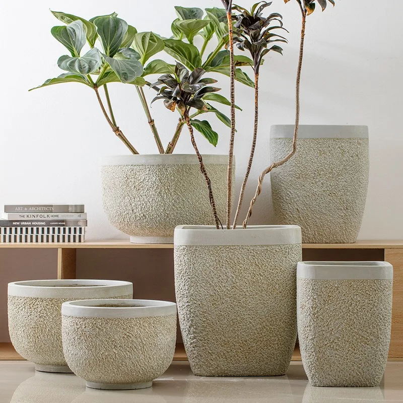 Square Round Rock Texture Magnesium Mud Large Flower Pot