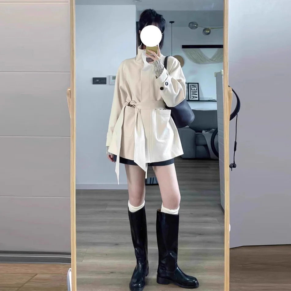 

Cropped Trench Coat Clothes Woman Suede Zipper Tight Waist Split Hem Pu Stylish Green Belted Fit Travel Holiday Tops