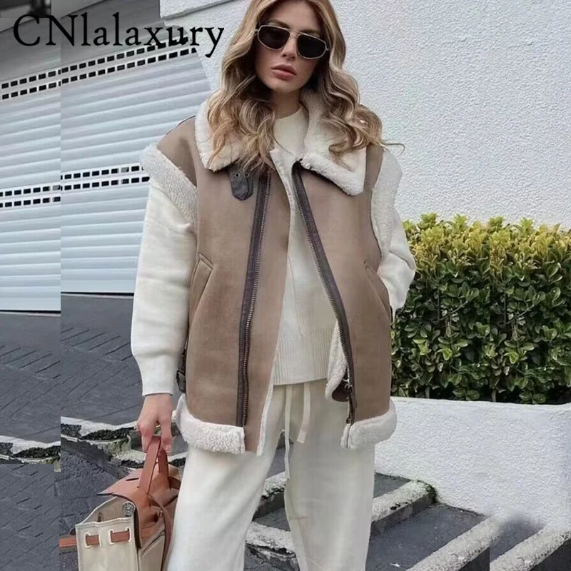 CNlalaxury Women Fashion Patchwork Sleeveles Leather Vest Waistcoat Loose Lapel Suede Jacket Coat 2023 Autumn Chic Outwear