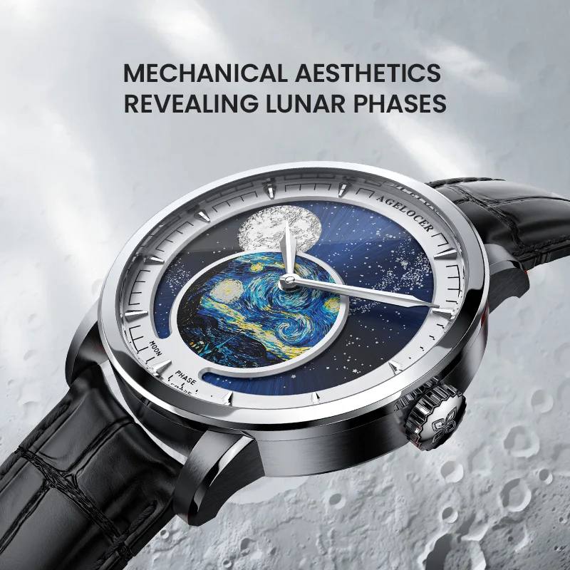 AGELOCER Original Astronomer Watch Van Gogh Oil Painting Men Luxury Automatic Mechanical Moon Phase Watch Birthday Gift for Men