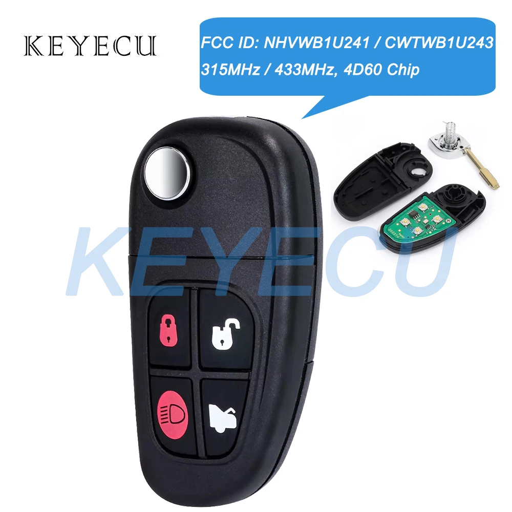 Keyecu 315MHz 433MHz 4D60 Chip Flip Remote Key Fob for Jaguar X-type S-type XJ XJ8 XJR 2001 2002 2003 2004 2005 2006 2007 2008