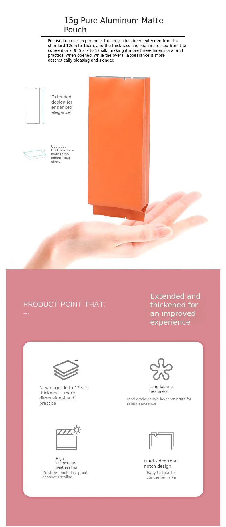 Custodia estesa e ispessita con capacità di 15 g, confezione da tè, piccola borsa in foglio di alluminio con striscia lunga