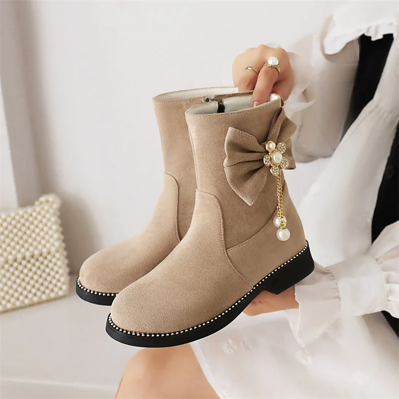 Plus Size Flock Sweet Bowtie Pearls Pendant Chain Ankle Boots Ladies Low Heels Party Show Women Shoes Black Beige Autumn 2023