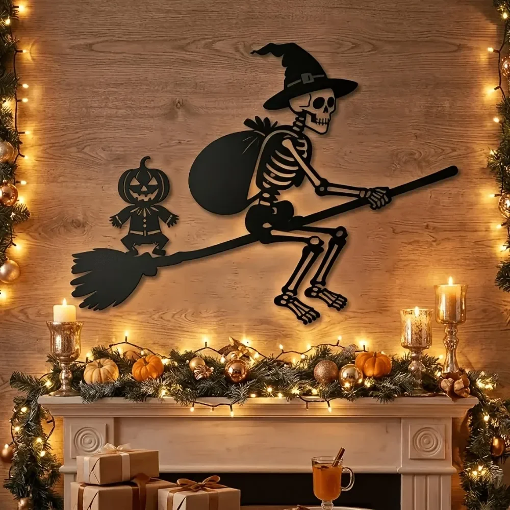 1pc CIFBUY Skull & Witch Broom Metal Wall Art, Iron Sign Decor, Modern Rustic Accent, Powder-Coated Rustproof Waterproof Hanging