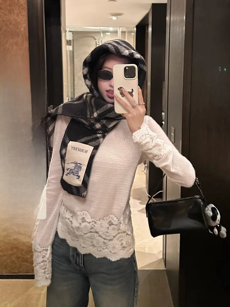 

EKOOL вязаная основа с кружевной отделкой, женский свободный длинный све, осенне-зимний топ для похудения, внутренняя и внешняя одежда