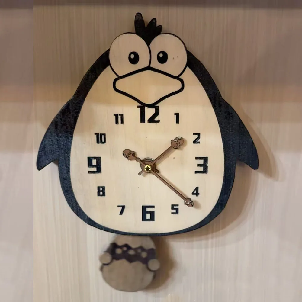 

Cartoon Penguin Wooden Pendulum Wall Clock, Silent Sweep Movement, Non-ticking, Decor for Living Room, Kids Bedroom & Nursery