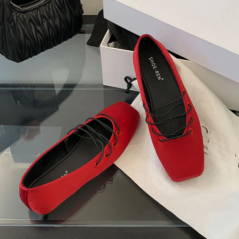 2025年新作-レディース-メリージェーンズ-フラットシューズ-浅履き-高級-ソフト-スクエアトゥ-ファッション-シルク-バレエシューズ