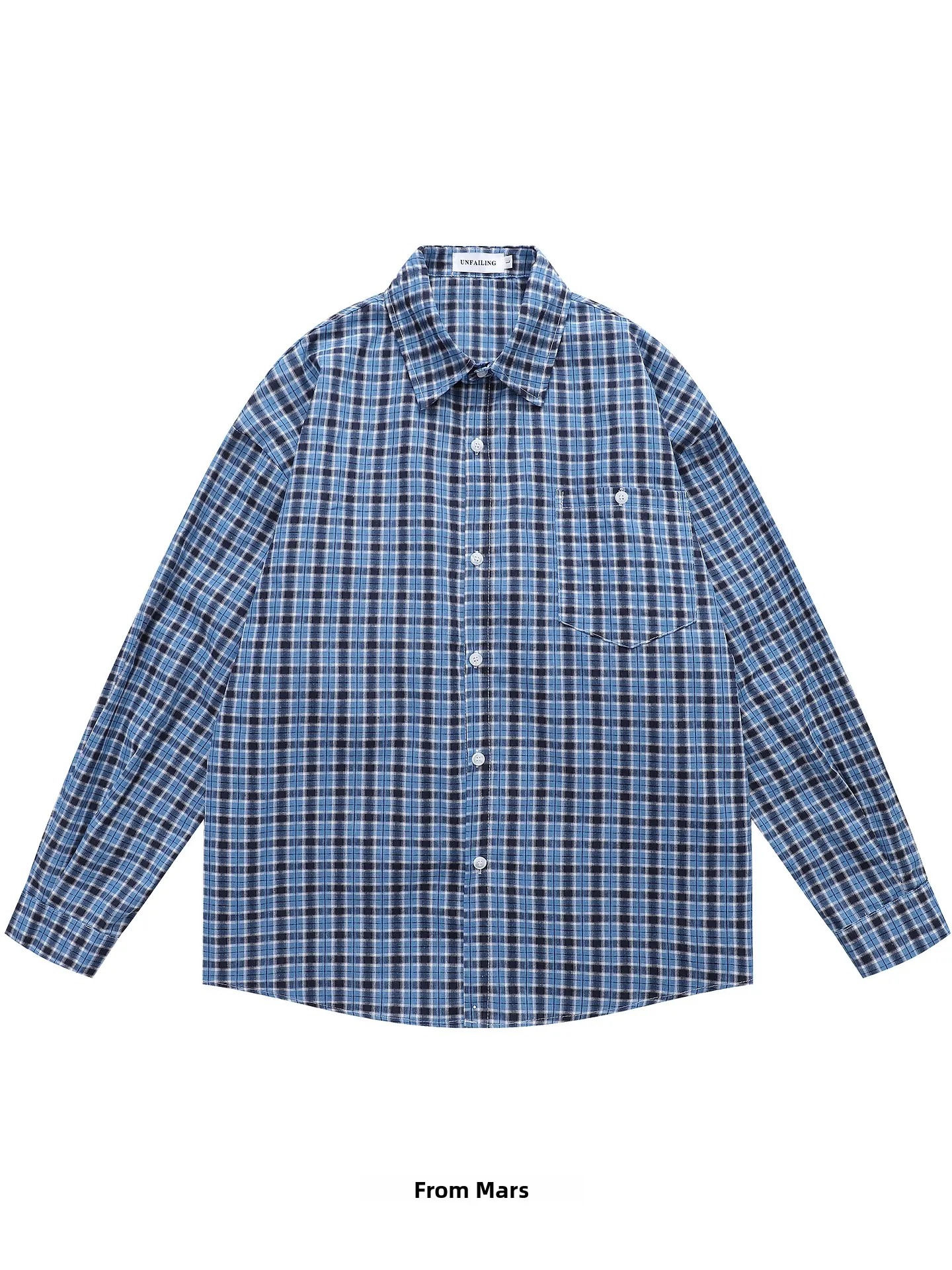 

Loose Fit Plaid Long Sve Blue irt Casual American Sle Lazy Faion Collar Stand up Breathable Skin Friendly Spring Autumn