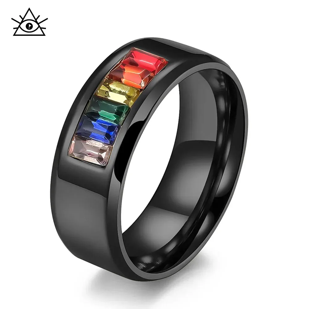 White stone rhinestone-studded Six-color Rainbow Flag Pattern Lesbian Gay Ring Same-sex Couple Rings