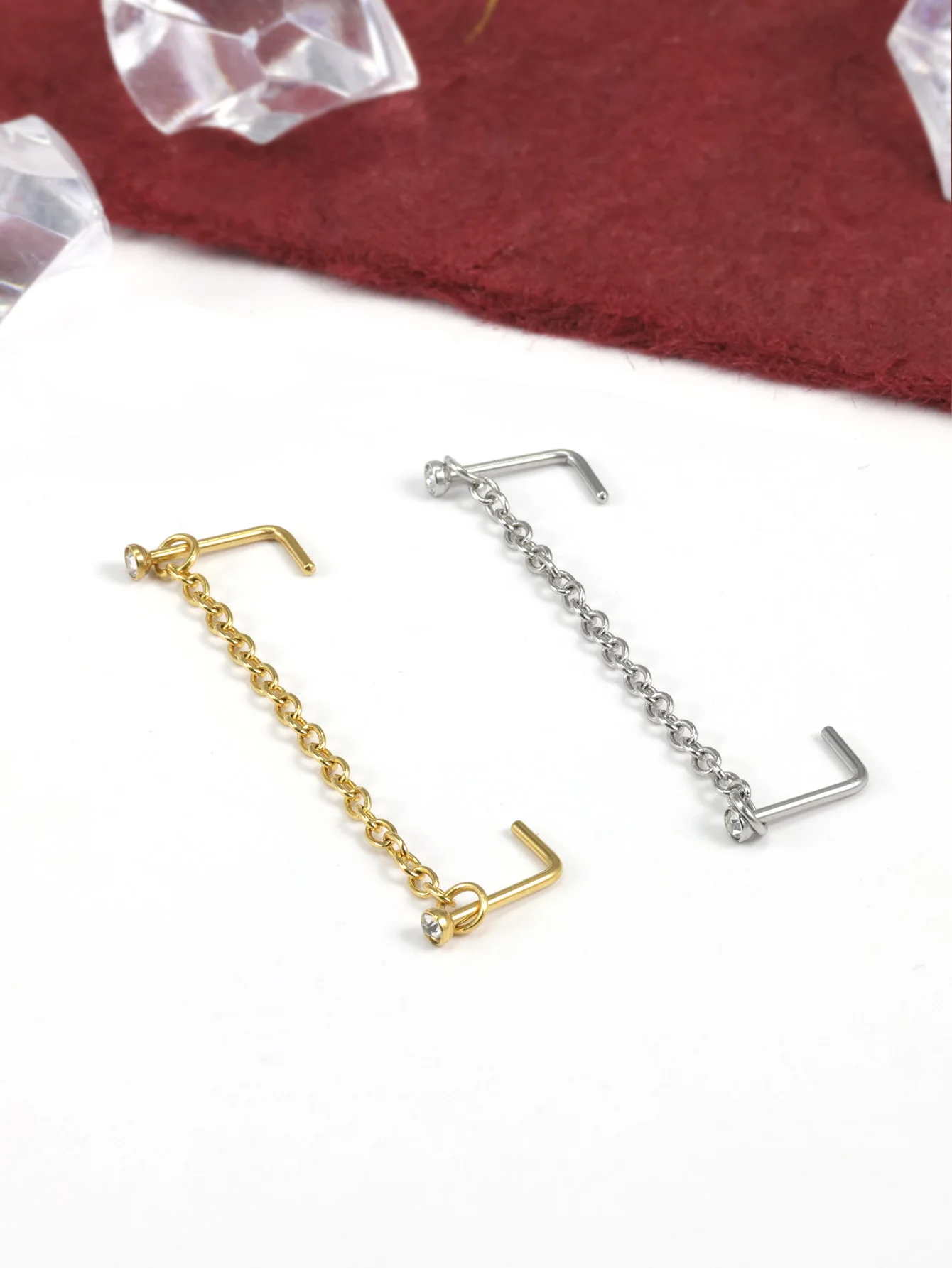 Double Piercing Ring Nose Chain Nostril Zircon Stainless Steel Nose Stud Decoration Earring Piercing Fashion Jewelry
