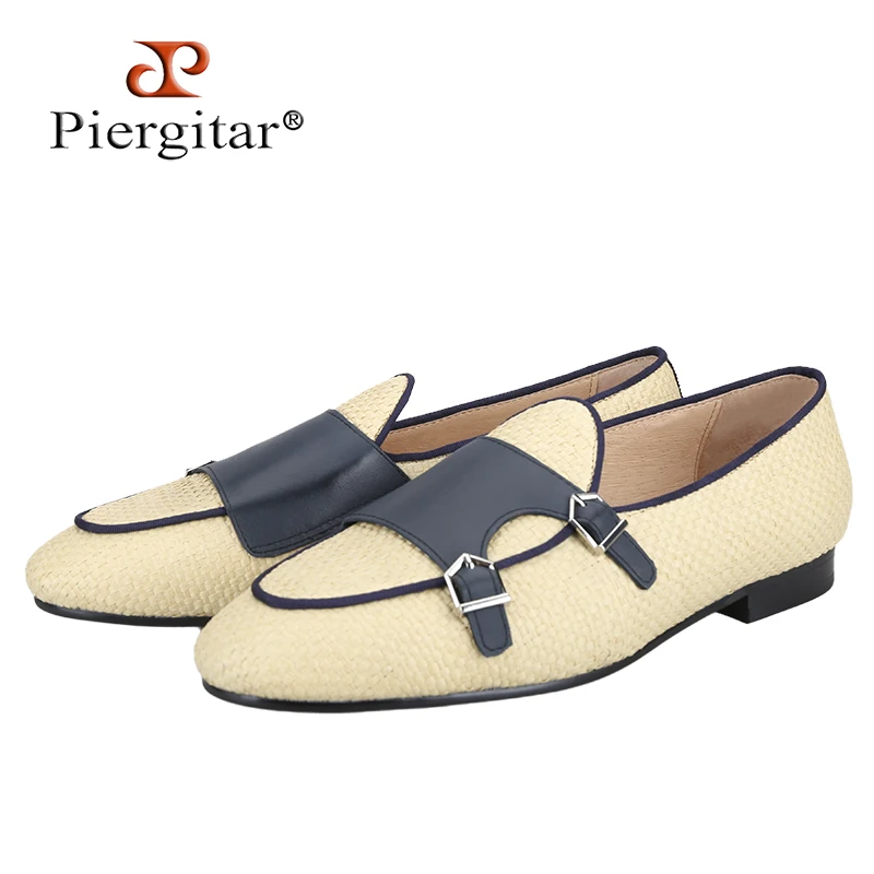 Piergitar Woven Rafia Double-Monk Belgian Loafers Handcrafted Slip-On Men's Smoking Slippers Breathable Leather Insole Plus Size
