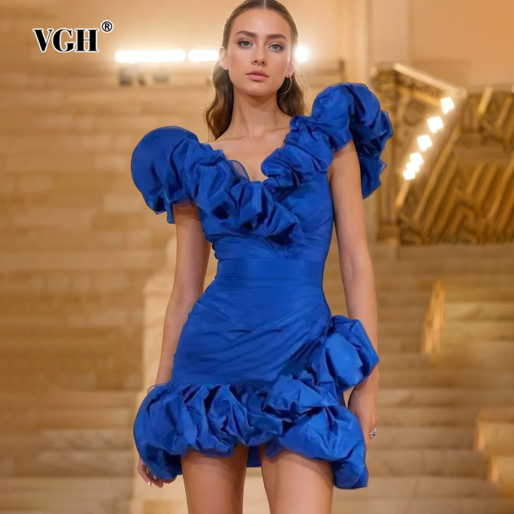 

VGH Patchwork Ruffles Solid Backless Dresses For Women Square Collar Butterfly Sleeve High Waist Slimming Mini Dress Female New