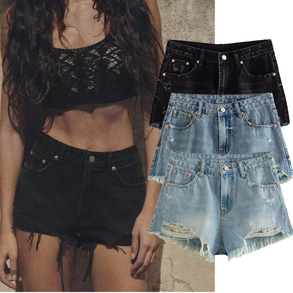 

Withered American Retro High Street Girls Ripped Denim Shorts Fashion Ladies Mom Bermuda Summer Shorts Women