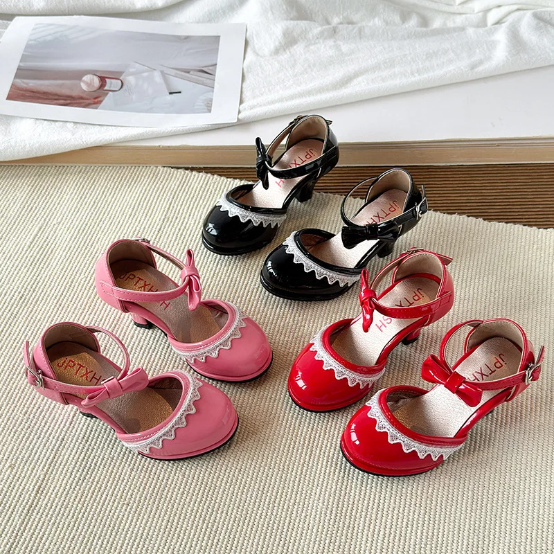 New Girls High Heel Sandal Sweet Bow Princess Fashion Children Dress Shoes Non-slip Catwalk Kids Mary Jane Sandals Wedding Party