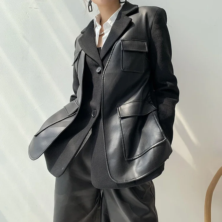 Black Wool Coat New Autumn Winter 2024 Fashion Patchwork PU Leather Thick Suit Blazer Lady Jackets Outerwear High Quality