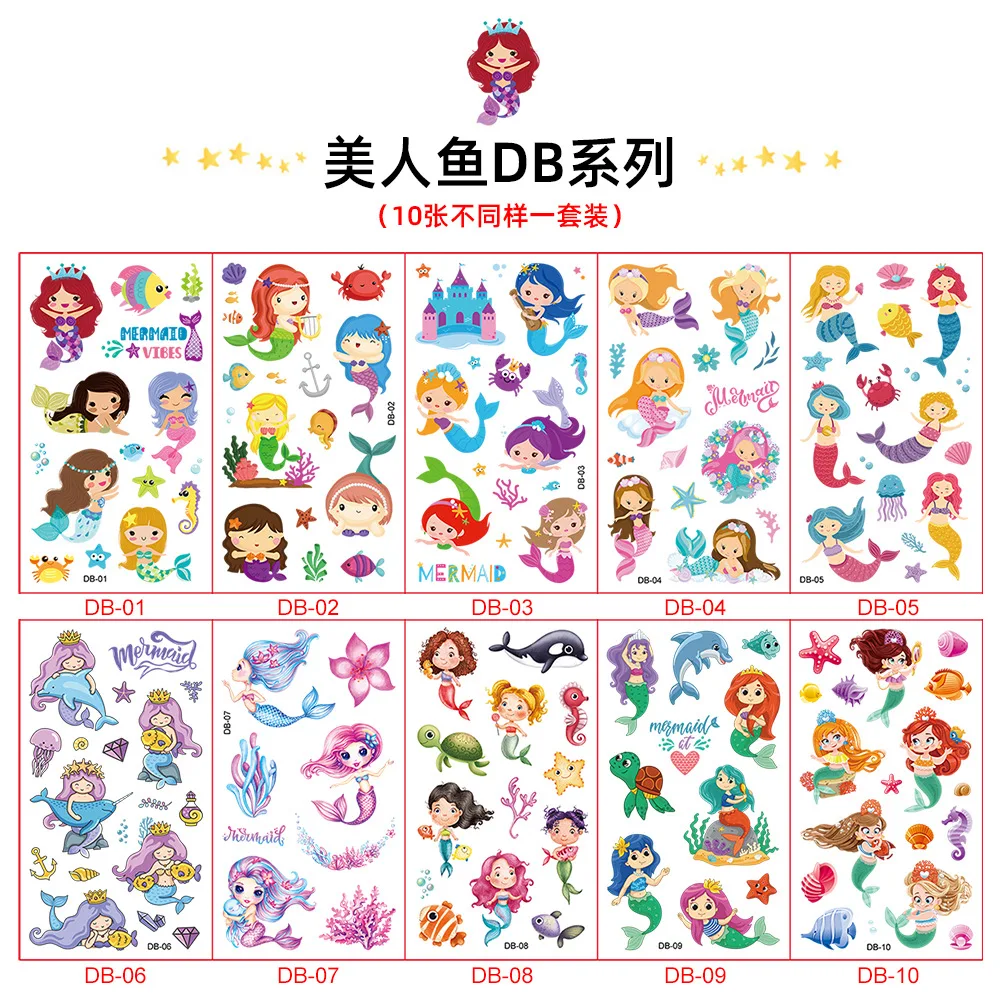 10 Sheets/Set Mermaid Temporary Tattoo Stickers Flag Star Liberty Shower Kids Gift Body Makeup Sticker Tattoos