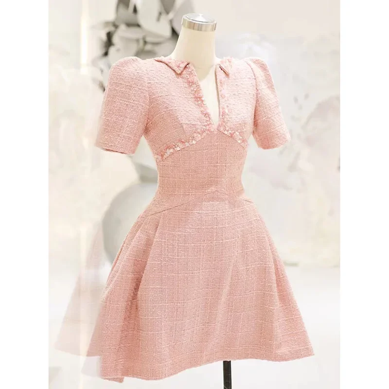 Korean Style Pink Studded Sequin Waistband Dress Sweet Elegant Short Sleeve A-line Dresses Women 2024 Spring Summer