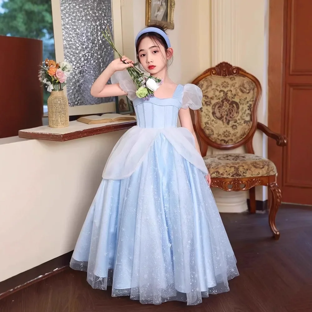 New Trendy Blue Children's Host Piano Performance Birthday Party Dresses Kids Elegant Princess Long Dress For Girl