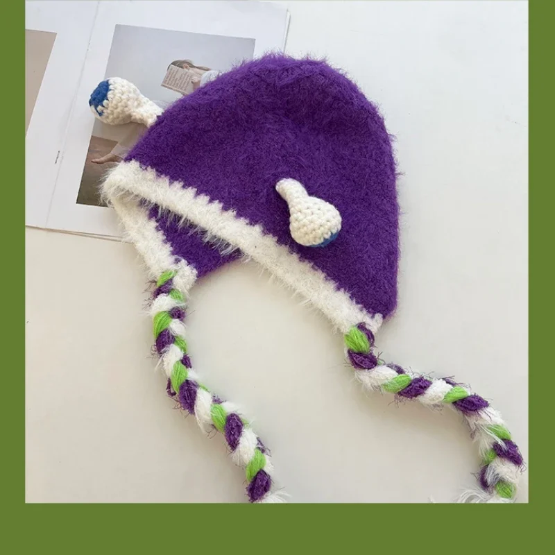 New Funny Cute Cartoon Plush Pullover Hat for Women Autumn and Winter Warm Lace-up Ear Protectors Knitted Bomber Hats Gorras