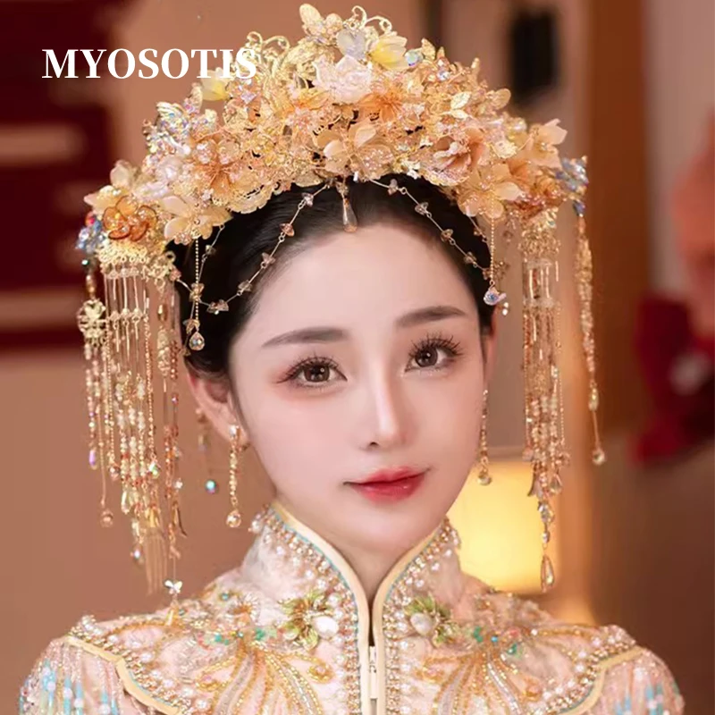 

Chinese Palace Golden Classical Wedding Empress Phoenix Crown Eyebrow Center Pendant Stage Show Ancient Style Hair Accessories