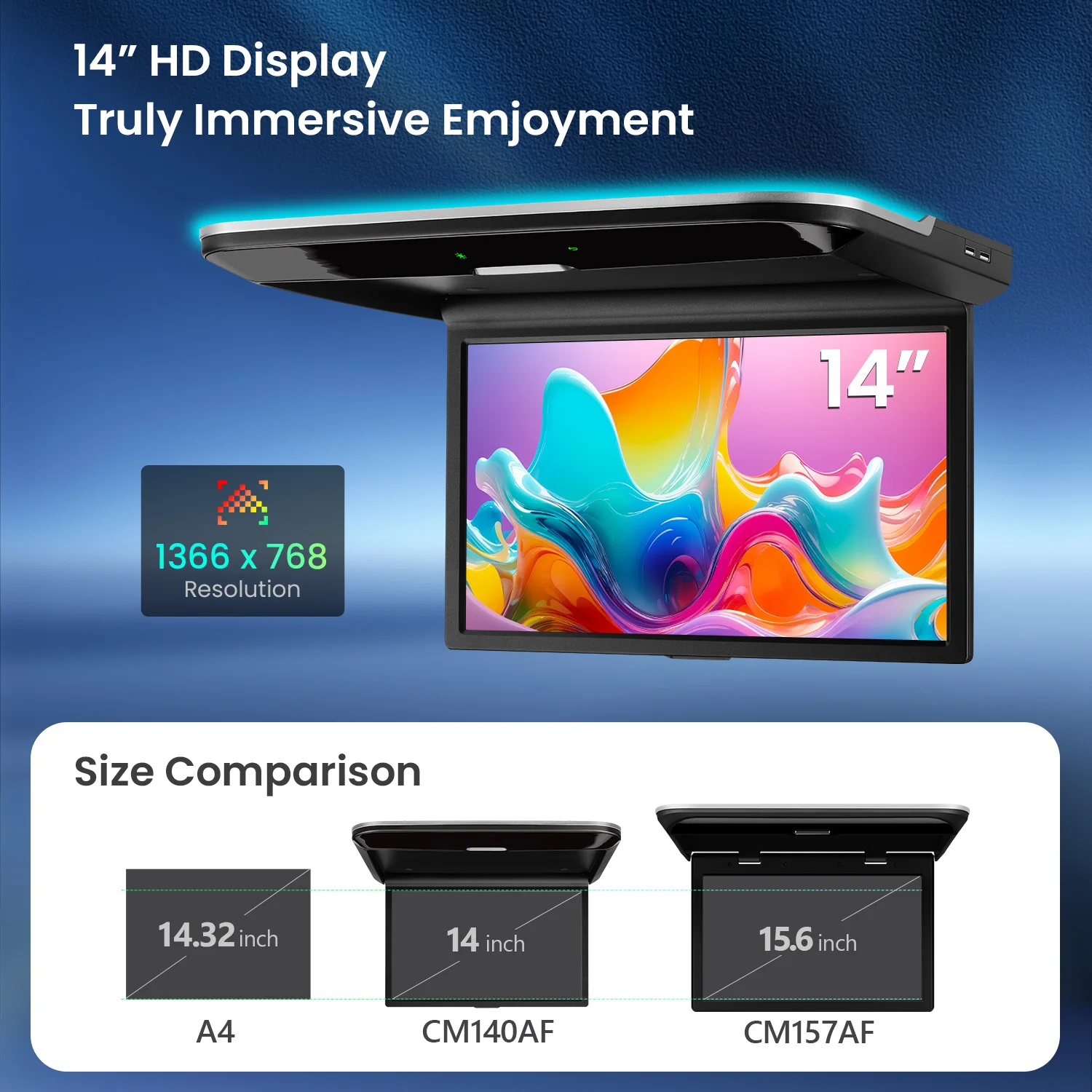 XTRONS Reproductor Multimedia para Techo de Auto de 14" con Android 12, Pantalla HD Abatible, Monitor de Auto con Video 4K, Montaje en Techo, WIFI, Quad Core, 2+32GB 3