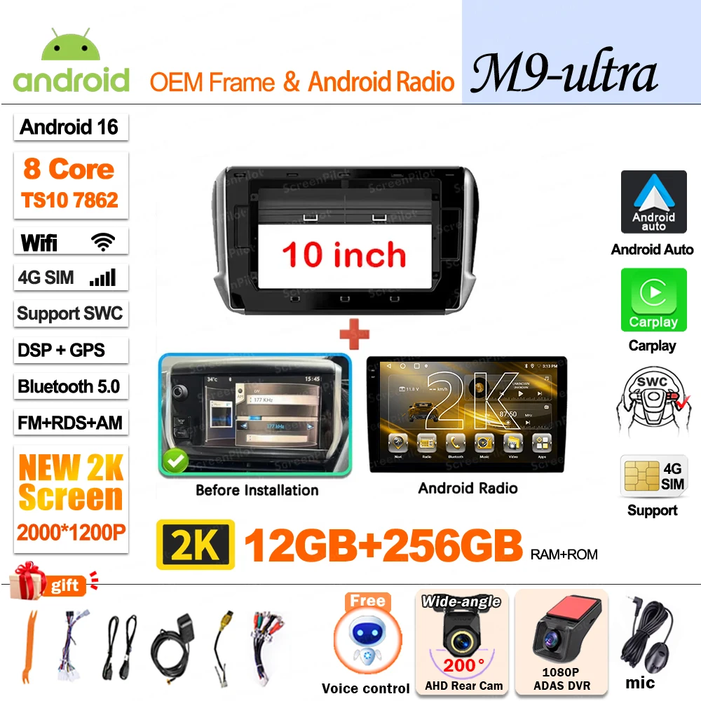 Autoradio Multimedia Speler Voor Peugeot 2008 208 2014-2018 Draadloze CarPlay Android 16 Auto Intelligente Systemen Autoraido gereedschap