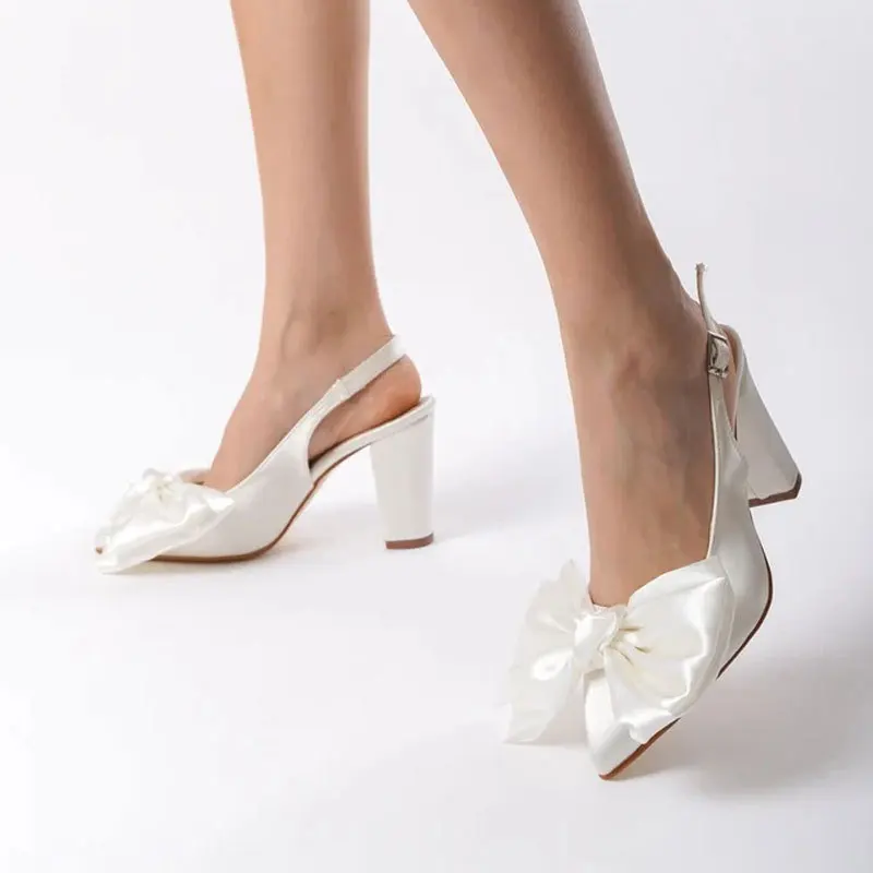 

Women's White Satin 8cm High Heels with Big Bowknot Thick Heel Bridal Wedding Shoes Comfortable Pointed Toe Backless Party Pumps